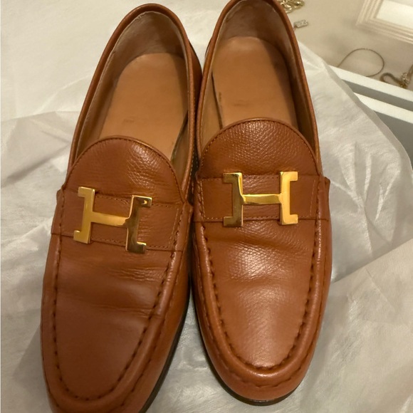 Hermes Shoes - Hermes Tan Leather Loafers with Gold Accent